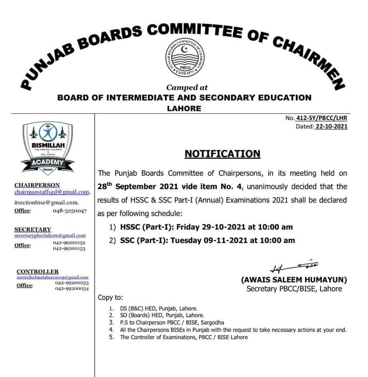 11th Class Result 2021 Lahore Board