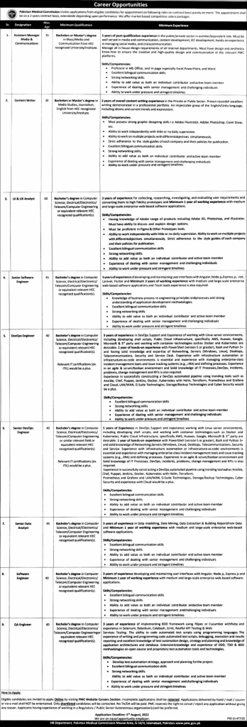 Latest Pakistan Medical Commission (PMC) Jobs 2022 