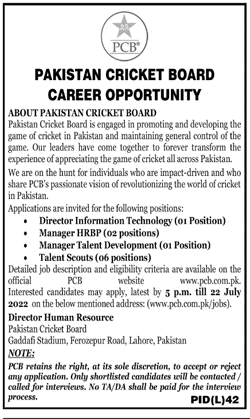 Today PCB Jobs 2022 at Pakistan Cricket Board 