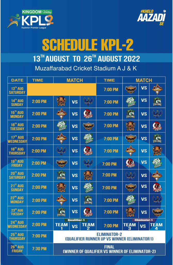 Kashmir Premier League (KPL) Schedule 2022