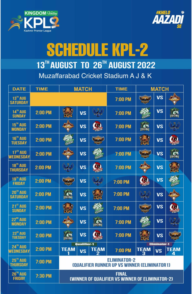  Kashmir Premier League (KPL) Schedule 2022 