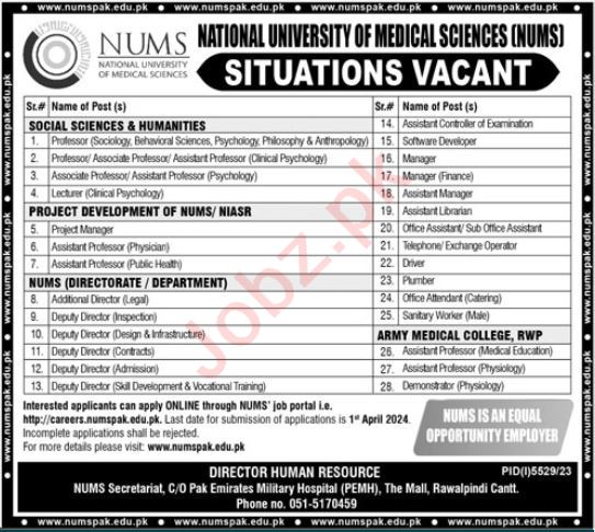 Latest National University of Medical Sciences NUMS Management Posts Rawalpindi 2024 2