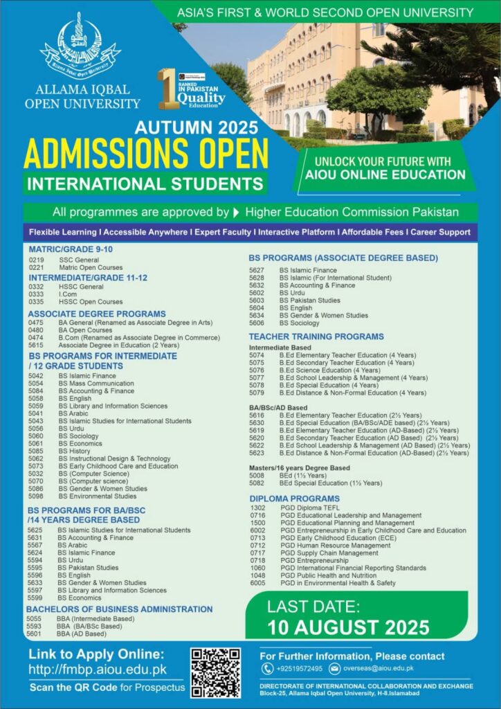 Allama Iqbal Open University, Islamabad, Announces Autumn 2025 Admissions – Full Program List, Deadlines, and Application Process